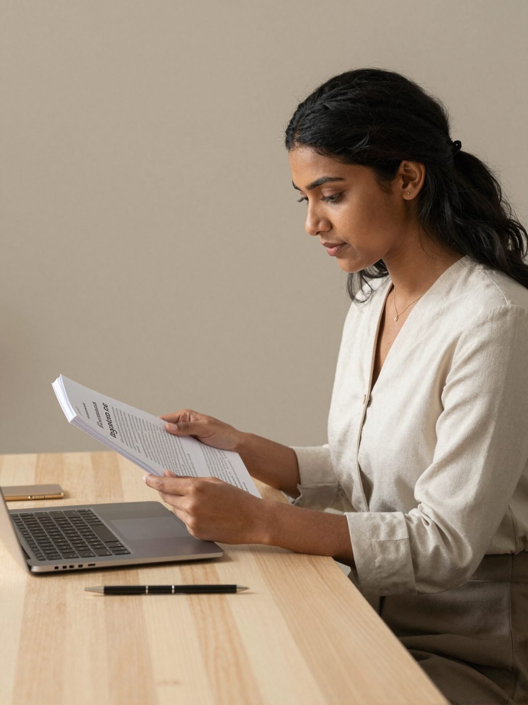 A student reading course notes at a desk beside a laptop during an online French lesson.