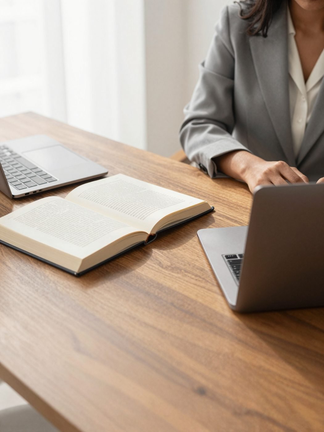 A tutor reviewing printed course material at a desk beside an open laptop.